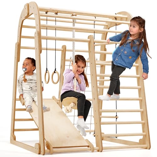Holz Klettergerüst Indoor – Montessori Indoor, Spielplatz mit Rutsche, Kletterwand und Kletterseil für Kinder ab 3 bis 8 Jahren von Goodevas