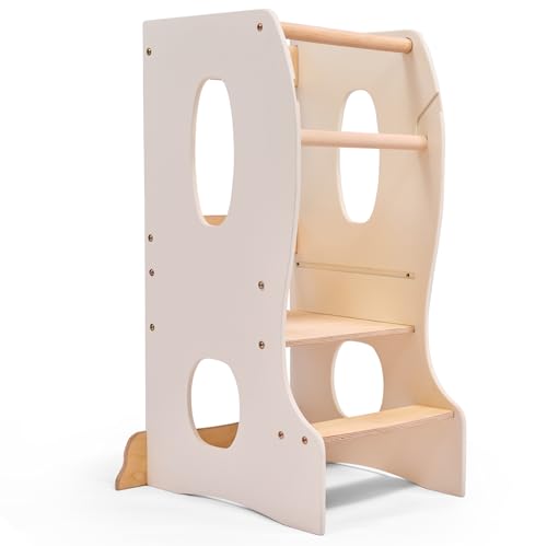 Lernturm Montessori – Höhenverstellbarer Kinderstuhl aus Holz ab 1 Jahr – Sicherer Steh- und Lernturm für Küche, Spiel & Lernen (Ivory) von Goodevas