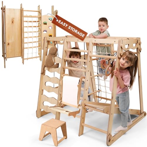 Verbessertes Holz Klettergerüst Indoor – Montessori Indoor-Spielplatz mit Rutsche, Kletterwand, Kletterseil & Kunst hinzufügen – Stabiles Montessori Kletterdreieck für Kinder von 3 bis 8 Jahren von Goodevas