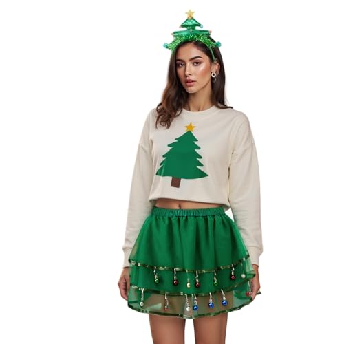 Goodfugui Weihnachtsbaum-Kostüme für Damen, Tutu, Rock, Weihnachtsbaum-Stirnband, 12 Stück, Mini-Weihnachtskugeln, Weihnachtsbaum-Outfits (A-Grün, L) von Goodfugui