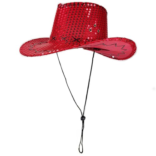 Goodfugui Westernhut mit Pailletten, Cowboy-Cowgirl, breite Krempe, Glitzer-Hut für Erwachsene, Kostümparty, Cosplay-Zubehör (#60, Rot, Einheitsgröße) von Goodfugui