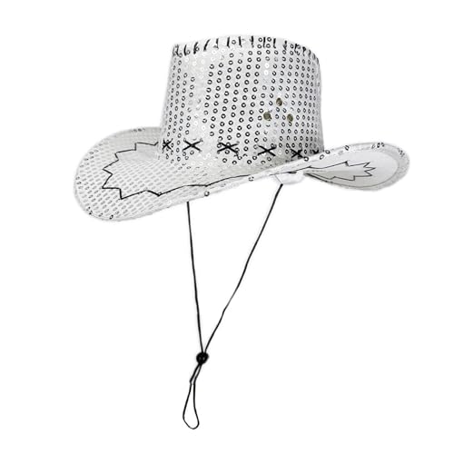 Goodfugui Westernhut mit Pailletten, Cowboy-Cowgirl, breite Krempe, Glitzer-Hut für Erwachsene, Kostümparty, Cosplay-Zubehör (#60-Weiß, Einheitsgröße) von Goodfugui