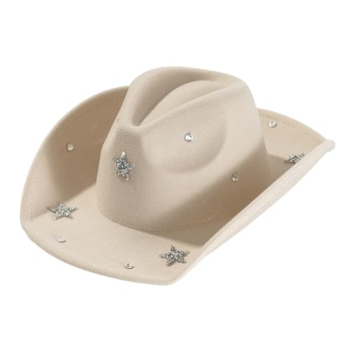 Goodfugui Westernhut mit Pailletten, Cowboy-Cowgirl, breite Krempe, Glitzer-Hut für Erwachsene, Kostümparty, Cosplay-Zubehör (A1-Beige, Einheitsgröße) von Goodfugui