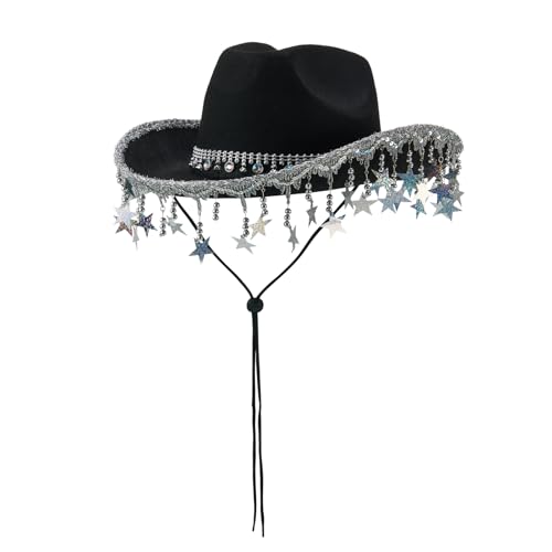 Goodfugui Westernhut mit Pailletten, Cowboy-Cowgirl, breite Krempe, Glitzer-Hut für Erwachsene, Kostümparty, Cosplay-Zubehör (A7, Schwarz, Einheitsgröße) von Goodfugui