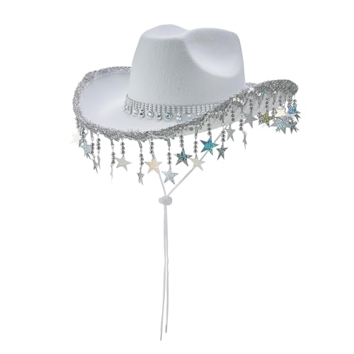 Goodfugui Westernhut mit Pailletten, Cowboy-Cowgirl, breite Krempe, Glitzer-Hut für Erwachsene, Kostümparty, Cosplay-Zubehör (A7, Weiß, Einheitsgröße) von Goodfugui