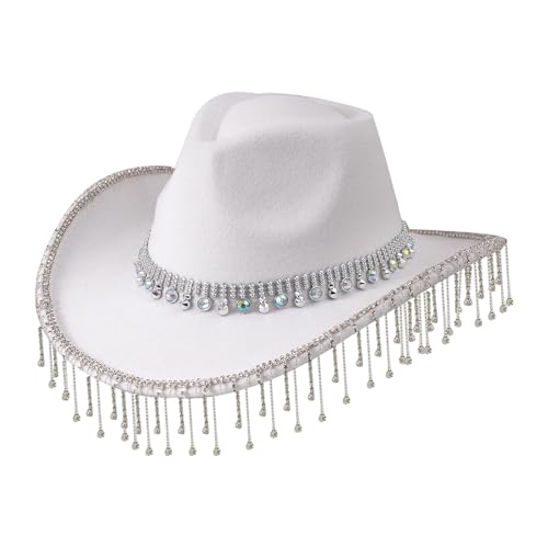 Goodfugui Westernhut mit Pailletten, Cowboy-Cowgirl, breite Krempe, Glitzer-Hut für Erwachsene, Kostümparty, Cosplay-Zubehör (b1-weiß, Einheitsgröße) von Goodfugui