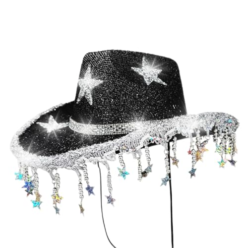 Goodfugui Westernhut mit Pailletten, Cowboy-Cowgirl, breite Krempe, Glitzer-Hut für Erwachsene, Kostümparty, Cosplay-Zubehör (b5-schwarz, Einheitsgröße) von Goodfugui