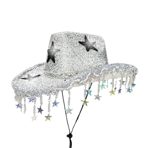 Goodfugui Westernhut mit Pailletten, Cowboy-Cowgirl, breite Krempe, Glitzer-Hut für Erwachsene, Kostümparty, Cosplay-Zubehör (b5-weiß, Einheitsgröße) von Goodfugui