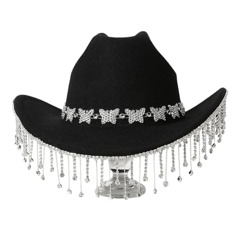 Goodfugui Westernhut mit Pailletten, Cowboy-Cowgirl, breite Krempe, Glitzer-Hut für Erwachsene, Kostümparty, Cosplay-Zubehör (b9-schwarz, Einheitsgröße) von Goodfugui