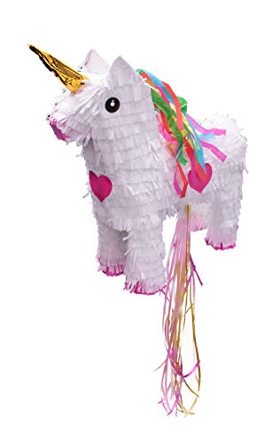 Goodtimes Pinata Einhorn Weiß/Gold Set mit Stock zum Schlagen und Brille 47cm hoch Partyspiel Zum Befüllen mit Süßigkeiten und zerschlagen Als Geschen von Goodtimes