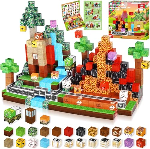 Goody King Magnetische Bausteine, 100 Teile Magnetbausteine – Kreatives 3D-Spielzeug mit Dinosauriern, Vulkan & Naturlandschaft | Spielzeug ab 5 6 7 8 9 Jahre Jungen Ideales Ostern Geschenk für Kinder von Goody King
