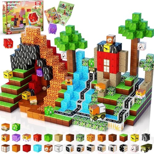 Magnetische Bausteine, 100 Teile Magnetbausteine Kinder – Kreatives 3D-Spielzeug mit Dinosauriern, Vulkan & Naturlandschaft | Spielzeug ab 5 6 7 8 9 Jahre Jungen Bauspielzeug für 3+ Jahre alte Jungen von Goody King