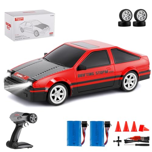 Ferngesteuertes Drift Auto 30 km/h 1/16 4WD 2.4G Hohe Geschwindigkeit Rennauto 2 Modalità mit Pneumatico Drift & Racing, 4 Barrikaden USB Luci LED Geschenk für Kinder Erwachsene Rot 2 Batterien von Goolsky