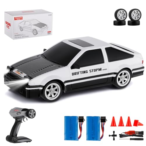 Ferngesteuertes Drift Auto 30 km/h 1/16 4WD 2.4G Hohe Geschwindigkeit Rennauto 2 Modalità mit Pneumatico Drift & Racing, 4 Barrikaden USB Luci LED Geschenk für Kinder Erwachsene Weiß 2 Batterien von Goolsky