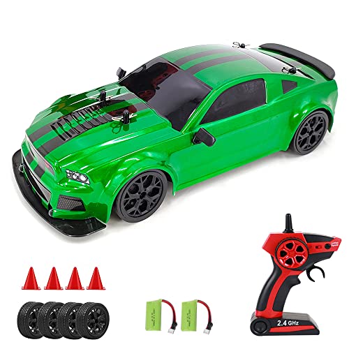 Goolsky Ferngesteuertes Auto, RC Drift Auto 20 km/h 1/14 2,4 GHz 4WD Driftauto Kalte Beleuchtung, Drift- und Rennreifen, 4 Barrikaden, USB-Rennwagen Geschenk für Kind Erwachsene Grün 2 Batterien von Goolsky