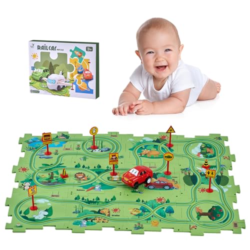 Autorennbahn DIY-Puzzlebahn für Kinderspielzeug,Goomp Puzzle Piste Auto Fahrspuren Spiele DIY Puzzle Autorennbahn mit Fahrzeugen Lernspielzeug Montessori für Kinder im Alter von 3 4 5 6 7 8 Jahren von Goomp