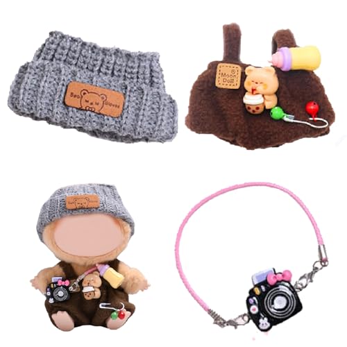 Goorder 17cm Puppenkleidung – 5er-Set Kleidung für Puppen-Outfit – Zubehör für Puppenkleidung + Brauner Plüsch-Overall – Graue Wollmütze + Kleine Kamera + Flasche + Bär, Keine Puppe Enthalten von Goorder