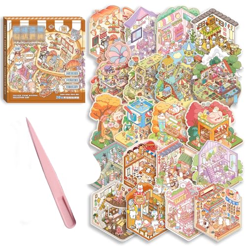 Goorder 20 Sets 3D House Stickers, Sticker Therapy mit Pinzette, DIY 3D House Stickers, 3D Hausaufkleber, Fun DIY Stickers Scene, Relief Stress für Erwachsene und Kinder von Goorder