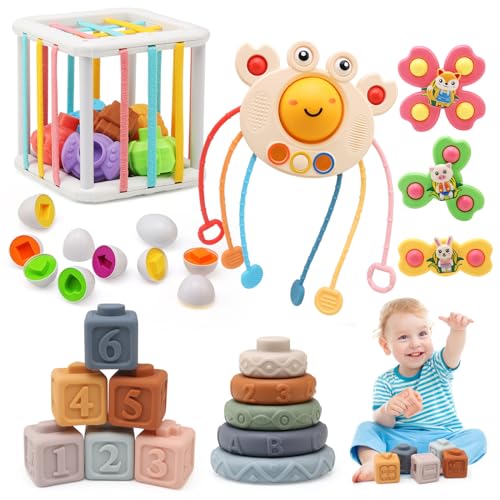 Goorder 6 in 1 Montessori Spielzeug Baby ab 6 9 Monate 1 2 Jahre, Sensorik Spielzeug/Stapelblöcke/Formsortierer/Aktivitätswürfel/Saugnapf-Spielzeug/Passendes Eierspielzeug Geschenke Junge Mädchen von Goorder
