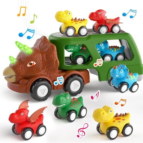 Goorder Dinosaurier Transport Truck Spielset Spielzeug für Jungen ab 2 3 4 Jahre, Kleinkind Autospielzeug mit Licht und Musik, Auto zurückziehen Kinder LKW Fahrzeuge Geburtstags Weihnachts Geschenke von Goorder