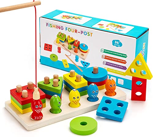 Goorder Montessori Spielzeug ab 2 3 4 Jahre, Holz Sortier & Stapelspielzeug und Angelspiel, Pädagogische Spielzeuge Geometric Blocks Lernspielzeug Geschenk für Kinder Mädchen Junge von Goorder