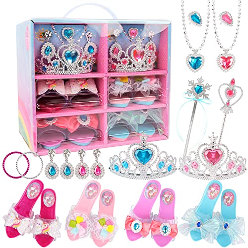 Goorder Prinzessin Schuhe Mädchen, Prinzessin Kostüm Schmuck Zubehör mit 4 Paar Schuhen, Prinzessinnen-Anziehset, Schmuckzubehör, Geburtstagsgeschenke für Mädchen, Gastgeschenke für 3, 4, 5, 6 Jahre von Goorder