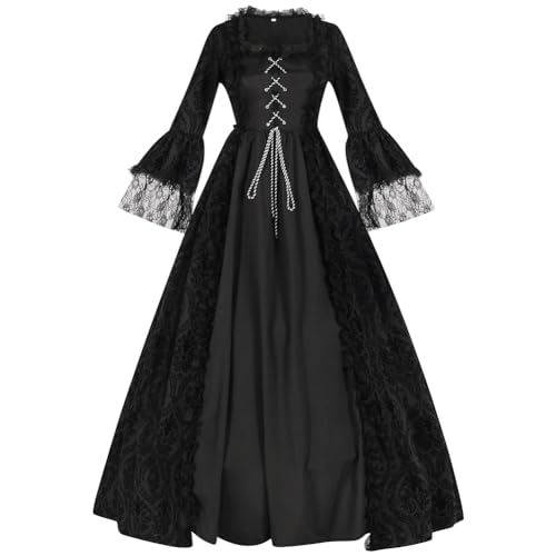 Gooyeh Mittelalterliche Retro Cosplay Kostüme schwarz dunkle Spitze Glockenärmel Gericht Stil Kleid lang Halloween Maskerade Party Performance Kostüme von Gooyeh