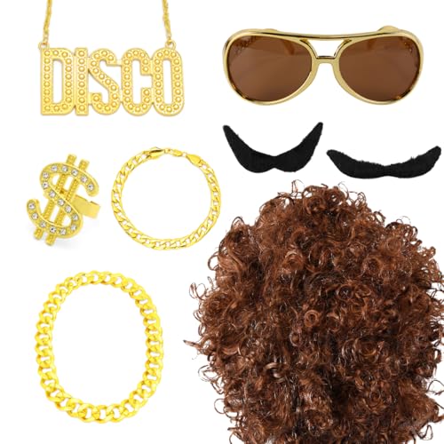 Gorise 7-teiliges Kostümset für Herren im Stil der 70er und 80er Jahre, Funky Afro-Perücke, Disco-Sonnenbrille,Halskette Männer Teenager, Cosplay, (braun) von Gorise