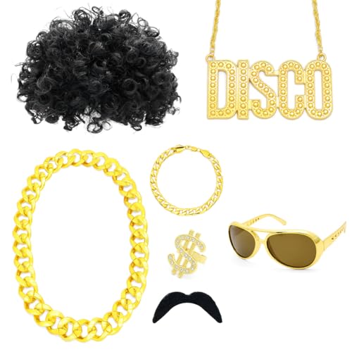 Gorise 7-teiliges Kostümset für Herren im Stil der 70er und 80er Jahre, Funky Afro-Perücke, Disco-Sonnenbrille Männer Teenager, Halskette (schwarz) von Gorise