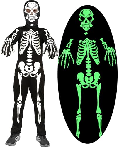 Gorkonpy Skelett Kostüm Kinder Leuchtend Junge Halloween mit Skelett Handschuhe Leuchtet von Gorkonpy