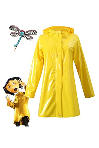 Gosbeliy Coraline Cosplay Kostüm Mantel mit Stirnband Gelb Regenmantel Cosplay Outfits Halloween Karneval Mädchen Anzug Erwachsene von Gosbeliy