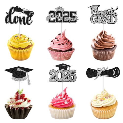 24 Stück Cupcake Topper zum Schulabschluss, 6 Stile Cupcake Topper mit Diplom 2025 Glitzernde Cupcake Topper mit Schulabschluss-Thema Zubehör für die Schulabschlussparty (Schwarz und Silber) von Gosknor