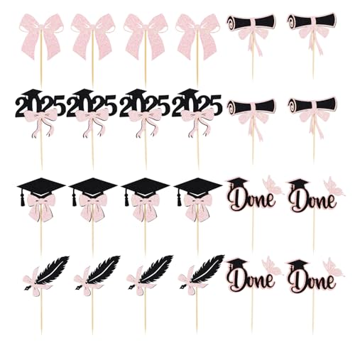 24stk Cupcake Topper zum Schulabschluss 2025, Glitzer-Cupcake-Spieße mit Abschlusskappe und Diplom 6 Stile Tortendekoration zum Schulabschluss Foto-Requisiten Partyzubehör (Bunt Pink/Schwarz) von Gosknor