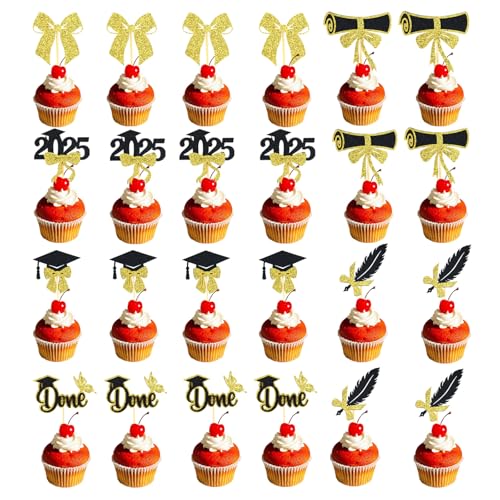 24stk Cupcake Topper zum Schulabschluss 2025, Glitzer-Cupcake-Spieße mit Abschlusskappe und Diplom 6 Stile Tortendekoration zum Schulabschluss Foto-Requisiten Partyzubehör (Gold/Schwarz) von Gosknor