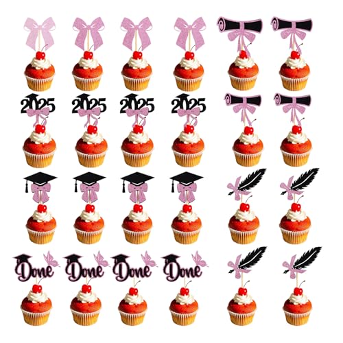 24stk Cupcake Topper zum Schulabschluss 2025, Glitzer-Cupcake-Spieße mit Abschlusskappe und Diplom 6 Stile Tortendekoration zum Schulabschluss Foto-Requisiten Partyzubehör (Pink/Schwarz) von Gosknor