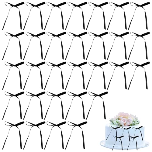 30 Stück Schleifen Kuchendekorationen, Kokette Schleifenband Cupcake Topper für Hochzeit Braut Verlobung Babyparty Geburtstagsparty Dekorationszubehör (Schwarz) von Gosknor