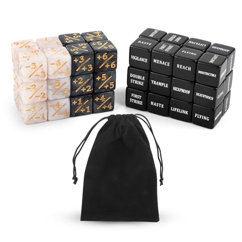 48 STK Würfel Zähler, Acryl Token Gezinkte Würfel Set mit Samtbeutel Fähigkeiten Schlüsselwörter Zählerwürfel Loyalität Cube Würfel Magic The Gathering Zubehör für MTG TCG-Kartenspiel von Gosknor