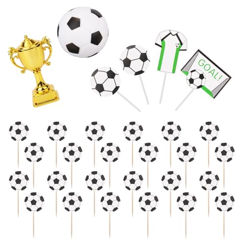 Gosknor 30 Stk Fußball Cupcake Topper, Fußball Kuchenaufsatz Trophäe Fußballtor Trikot Kuchendekorationen für Themenparty Geburtstagsfeier von Gosknor