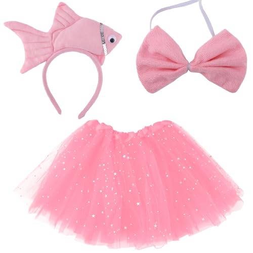 Gosknor Fischkostüm-Set für Kinder, Niedlich Meerestier-Cosplay-Outfit mit Fischkopfband & Tutu & Fliege für Frauen Halloween Weltbuch Verkleidungsparty Geburtstag Karneval-Zubehör (Rosa) von Gosknor