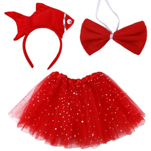 Gosknor Fischkostüm-Set für Kinder, Niedlich Meerestier-Cosplay-Outfit mit Fischkopfband & Tutu & Fliege für Frauen Halloween Weltbuch Verkleidungsparty Geburtstag Karneval-Zubehör (Rot) von Gosknor