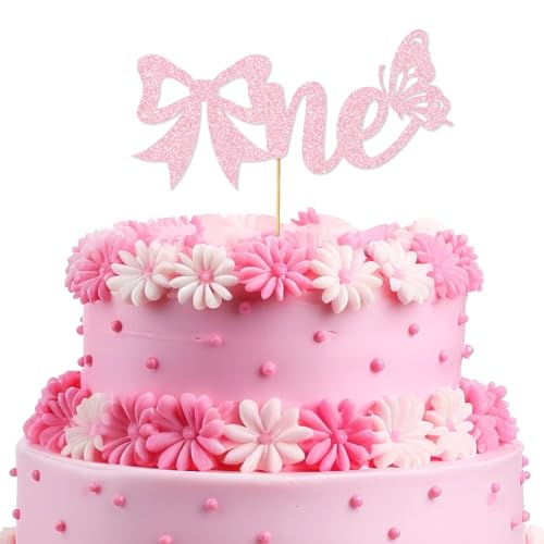 Gosknor Kuchenaufsatz mit Rosa Schleife zum 1. Geburtstag, Süße Schmetterlinge Party-Dekorationen für Babys und Mädchen Cupcake-Aufsatz Partyzubehör zum 1. Geburtstag für Kuchendekoration von Gosknor
