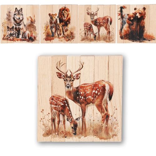 Klobige Tierpuzzles aus Holz, 4-in-1-Safari-Tier-Blockpuzzle Montessori-Puzzlespielzeug Pädagogisches Interaktives Geschenk für Kleinkinder ab 3 Jahren (Löwe, Rentier, Bär, Wolf) von Gosknor