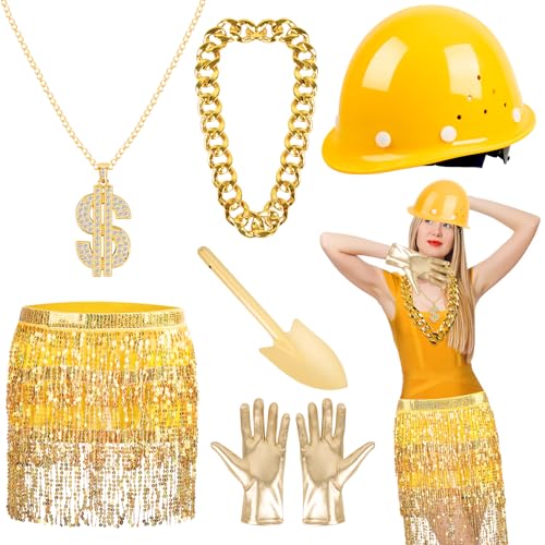 Halloween-Goldgräber-Kostüm-Zubehör, inklusive Hut, goldener Paillettenrock für Erwachsene, Damen, 80er-/90er-Jahre-Kostüm-Zubehör, 6 Stück Halloween-Goldgräber-Kostüm-Zubehör, inklusive Hut, goldener Paillettenrock für Erwachsene, Damen, 80er-/90er-Jahre-Kostüm-Zubehör, 6 Stück von Gosodeny