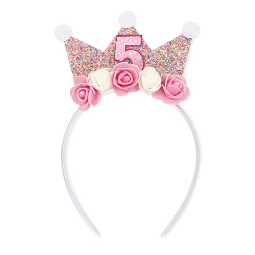 GotGala Geburtstags-Stirnbänder für Mädchen zum 2. bis 5. Geburtstag, Kronprinzessin-Tiara, Blumen-Stirnbänder für Geburtstagsmädchen (5th) von GotGala