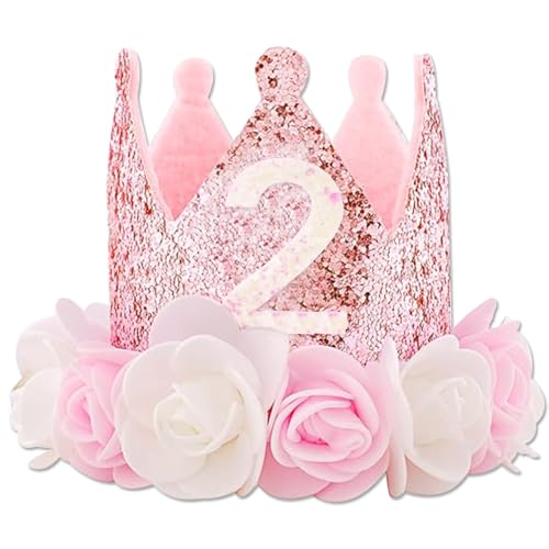 GotGala Krone zum 2. Geburtstag, rosa Baby-Mädchen zum 2. Geburtstag, Party-Krone, ein Jahr alt, Blumen, Prinzessin, Dekoration zum 2. Geburtstag (2. Geburtstag) von GotGala