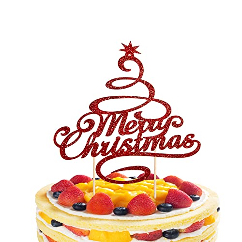 Merry Christmas Tortenaufsatz, rot, glitzernd, Weihnachtsbaumspitze, Weihnachtsfeiertorte, Kuchenspieße, für Weihnachten, Party, Geburtstag, Hochzeit, Dekorationen von GotGala