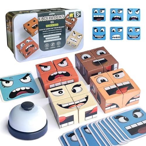 Face Change Cube, Holz Würfelpuzzle Emoji Zauberwürfel Baustein Spielzeug, Holzwürfel Emoji Blocks Spiel mit Tischglocke IQ Puzzle Interaktion Matching Spiele für Kinder ab 3 Jahren von Goujfol