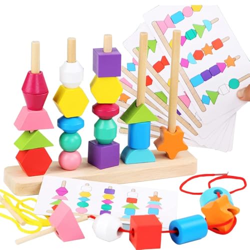 Goujfol Juguetes Niños Madera, 2 en 1 Montessori Juegos Apilables Apilar y Enhebrar de Madera, Educativos GeoméTricas Colores Clasificar Bloques, Regalo para Bebés Niños 3 4 Años von Goujfol