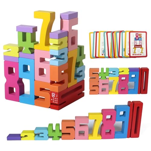 Goujfol Wooden Number Building Blocks, Montessori Zahlen Spielzeug, Holz Zahlenbausteine, Steckwürfel Mathe, Sensorische Ziffernklötze, Rechnen Lernen Spielzeug für Kinder ab 3 Jahren von Goujfol