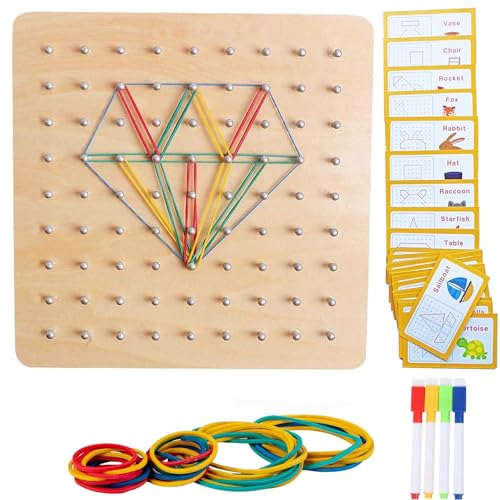 Goujfol Holz Geoboard Montessori Spielzeug Laubsäge Set für Kinder Geometriebrett Lernspiele Peg Board Form Puzzle mit Muster Karten und Gummi Bändern Knobel Kinderspiele ab 3+ (Type-2) von Goujfol